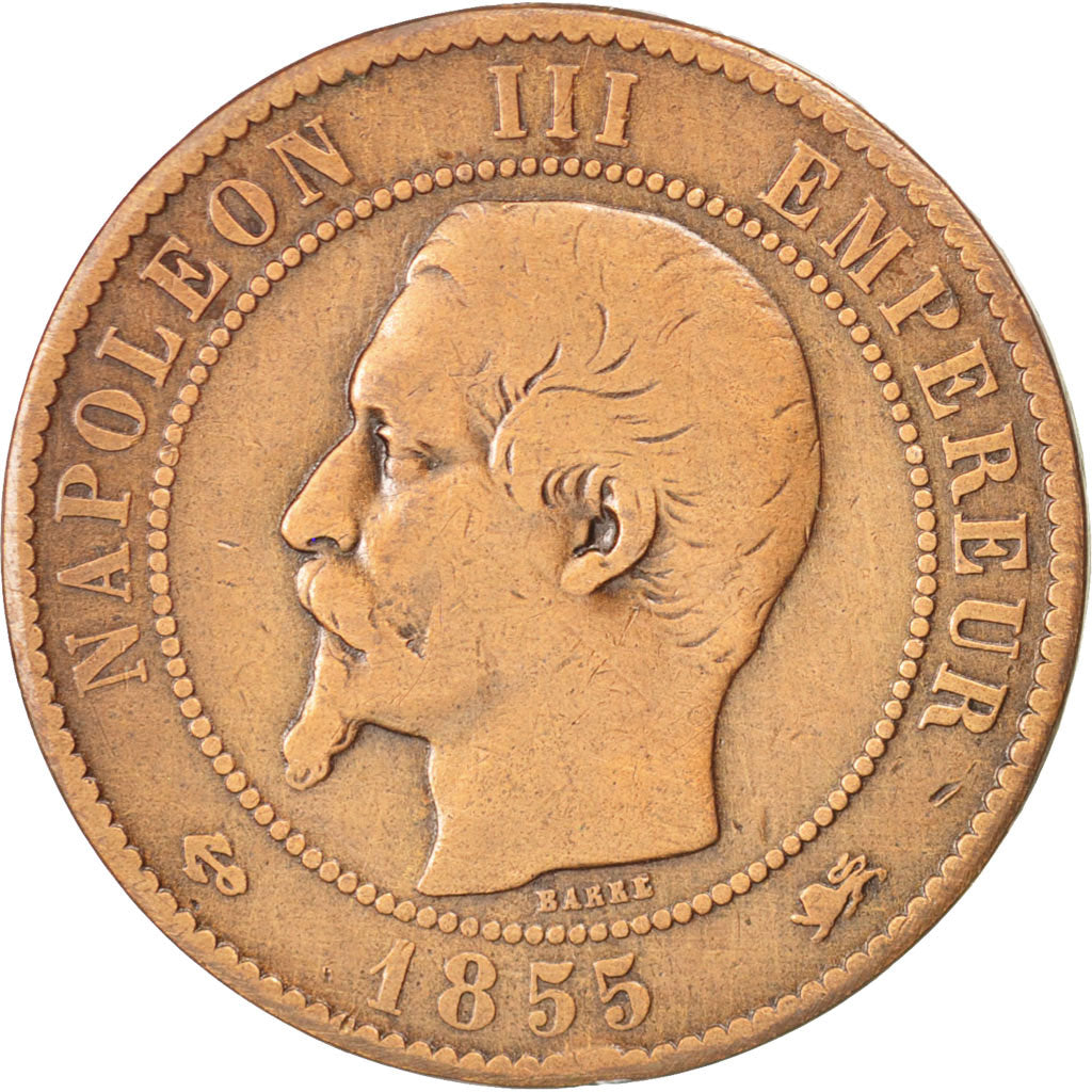 FRANCE, Napoléon III, 10 Centimes, 1855, Lyon, KM #771.4, VF(20-25), Bronze, G..
