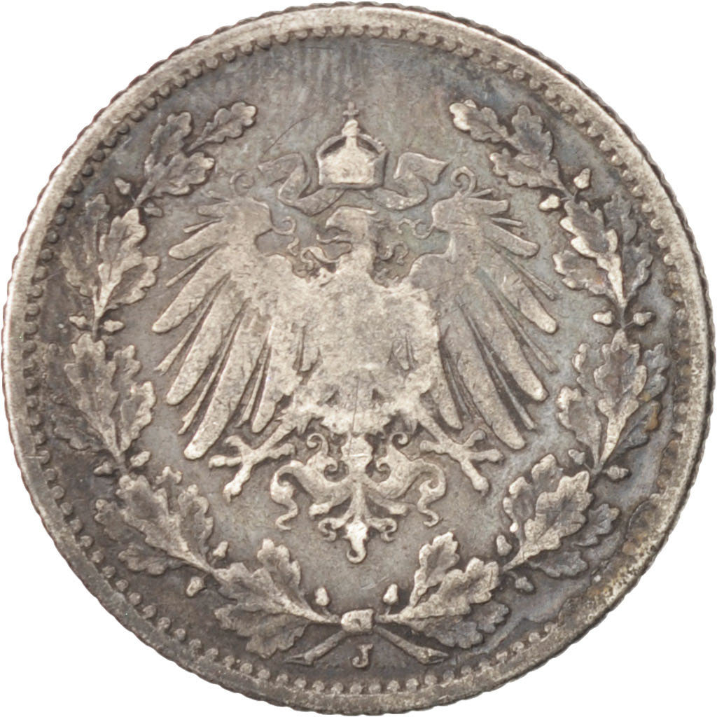 GERMANY - EMPIRE, 1/2 Mark, 1905, Hambourg, KM #17, VF(30-35), Silver, 20, 2.70