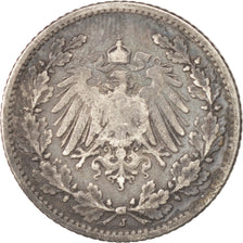 GERMANY - EMPIRE, 1/2 Mark, 1905, Hambourg, KM #17, VF(30-35), Silver, 20, 2.70