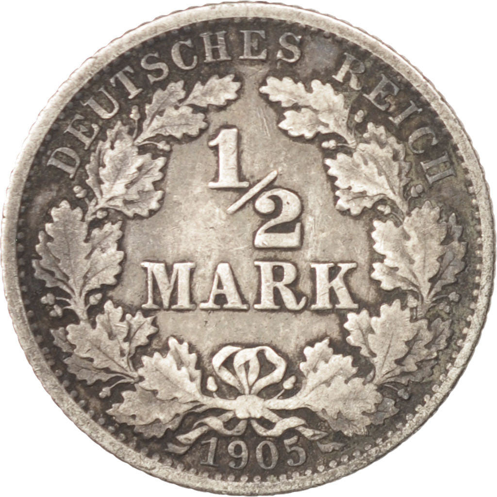 GERMANY - EMPIRE, 1/2 Mark, 1905, Hambourg, KM #17, VF(30-35), Silver, 20, 2.70