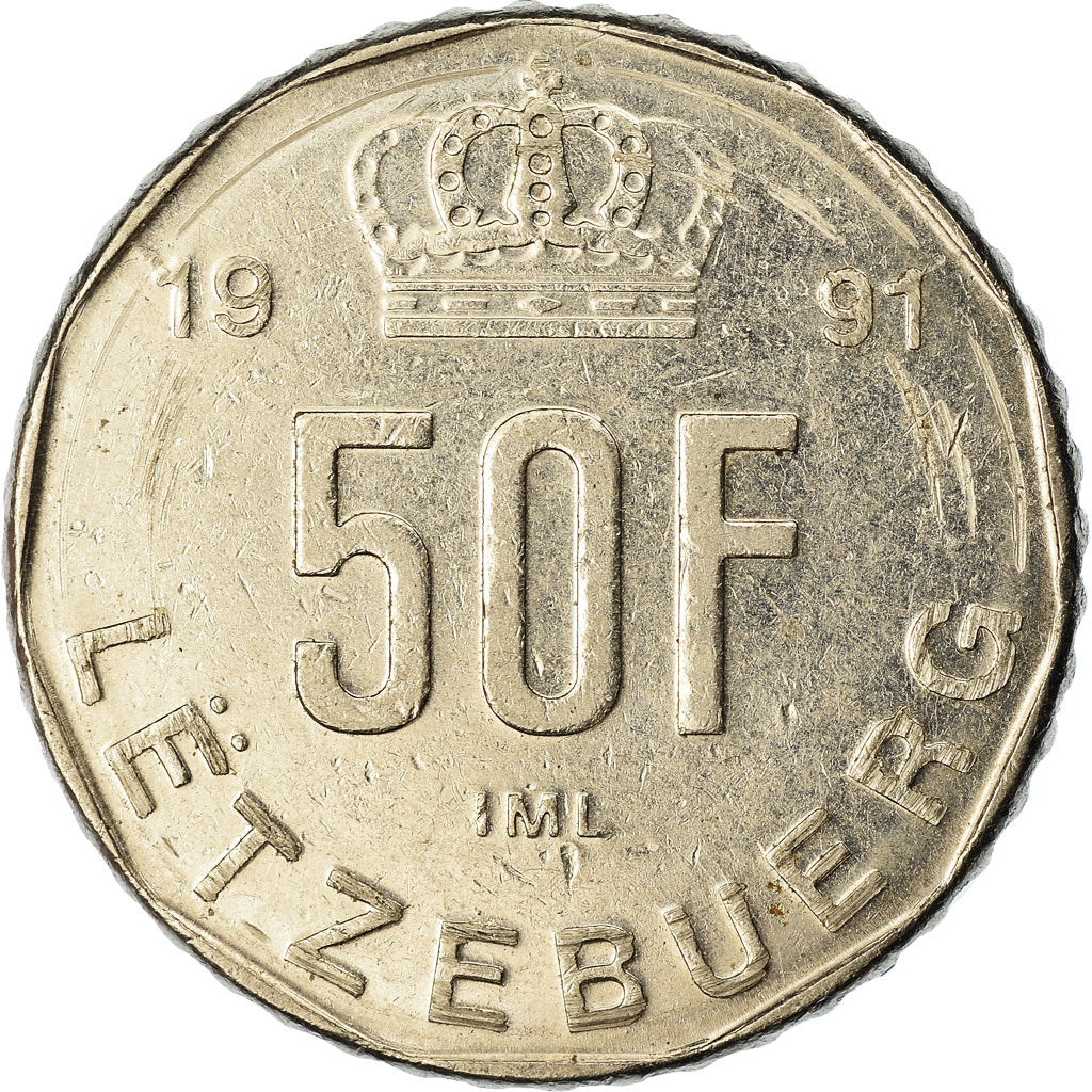 Moeda, Luxemburgo, Jean, 50 Francs, 1991, EF(40-45), Níquel, KM:66