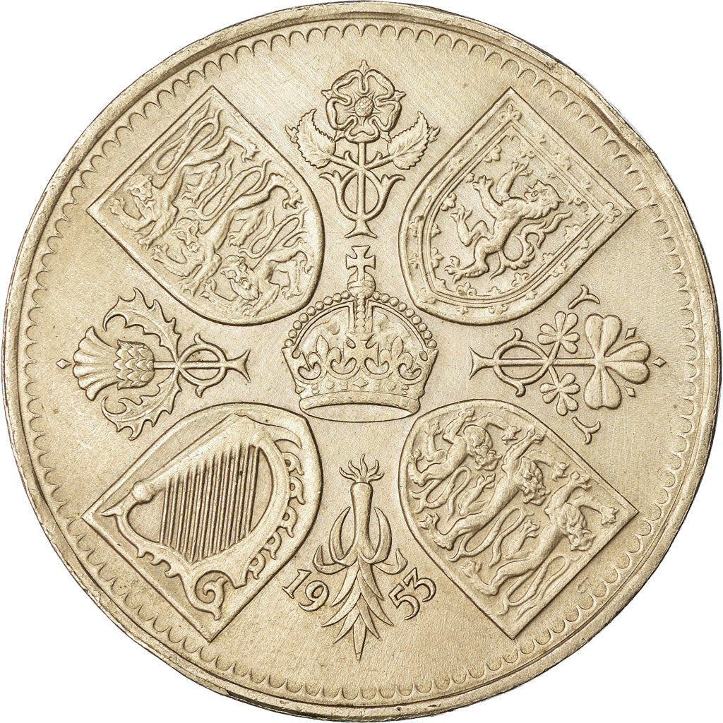 Coin, Great Britain, Elizabeth II, Crown, 1953, EF(40-45), Copper-nickel, KM:894