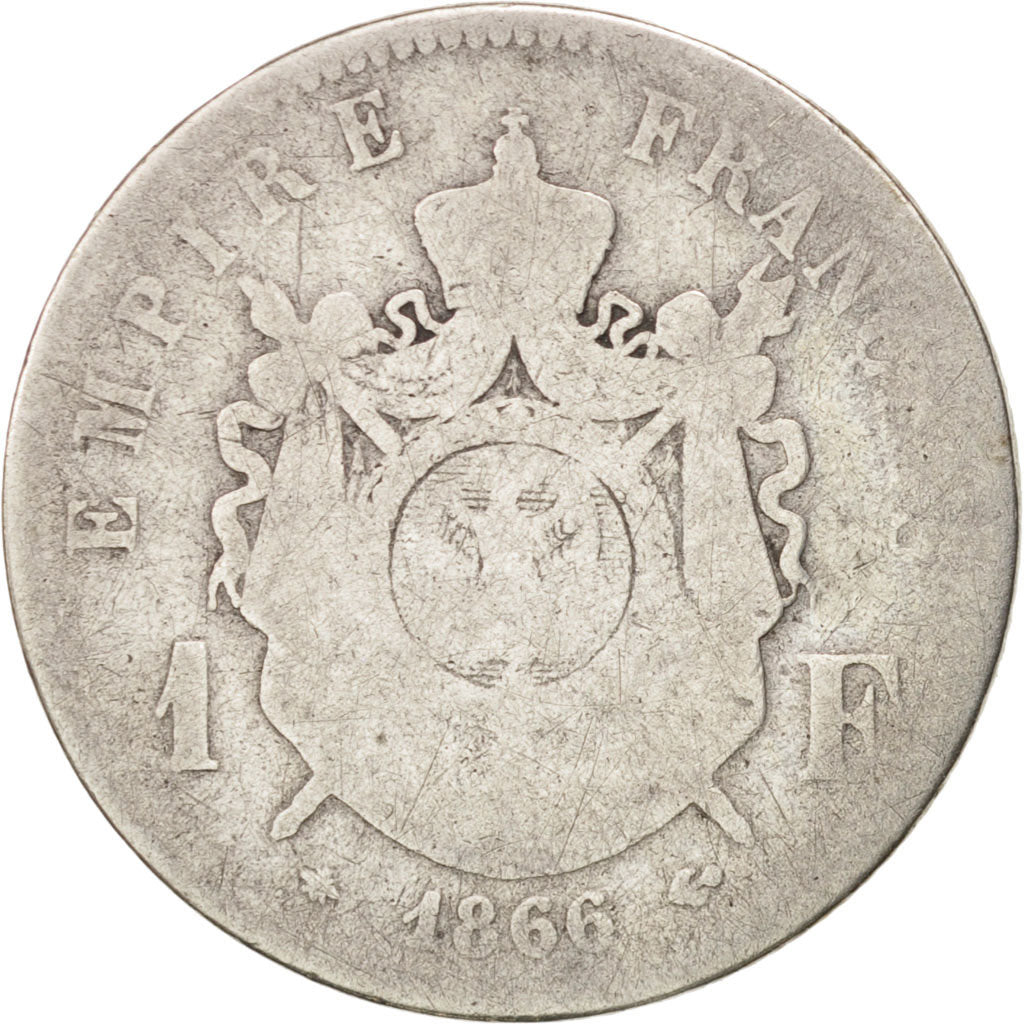 FRANCE, Napoléon III, Franc, 1866, Paris, KM #806.1, VG(8-10), Silver, Gadoury #