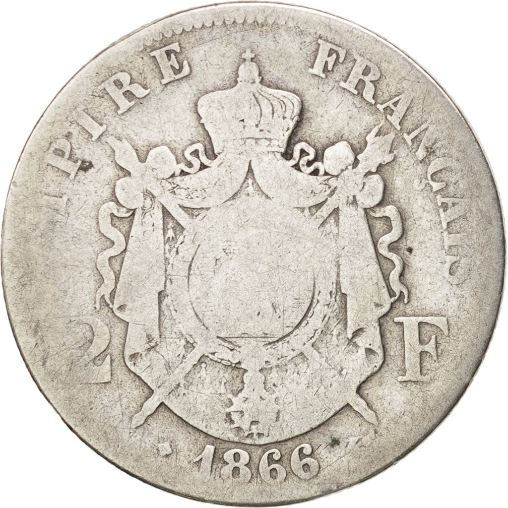 FRANCE, Napoléon III, 2 Francs, 1866, Strasbourg, KM #807.2, VG(8-10), Silver, G