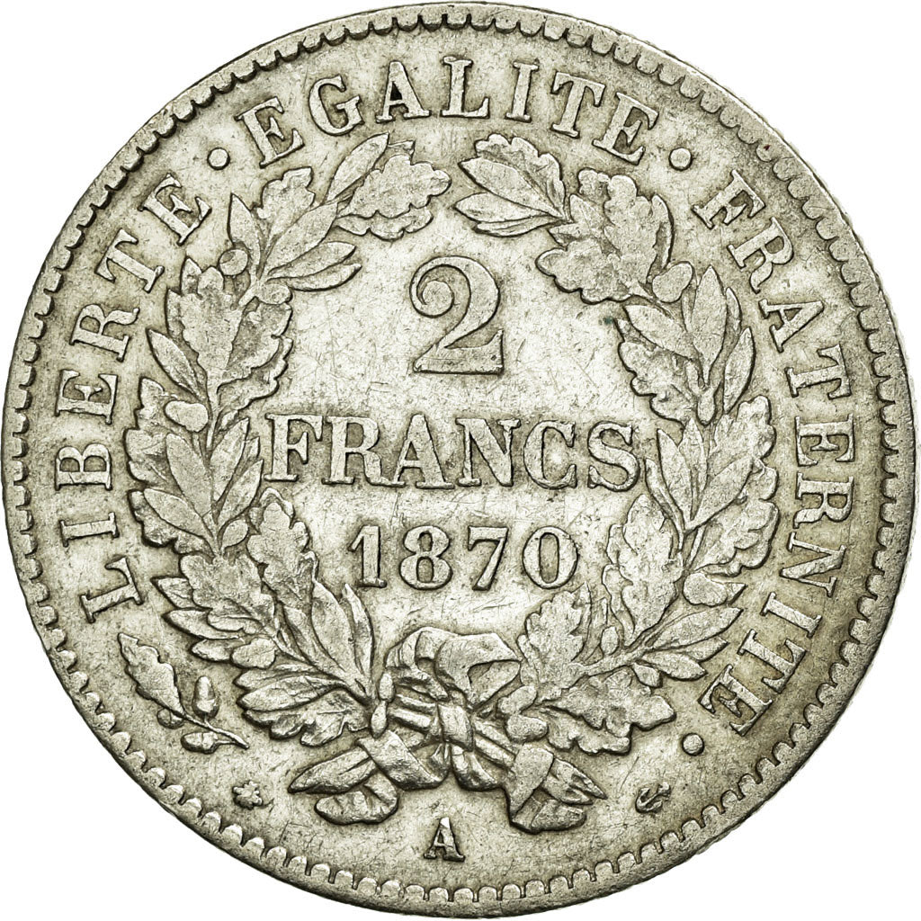 Moneta, Francia, Cérès, 2 Francs, 1870, Paris, BB, Argento, KM:817.1