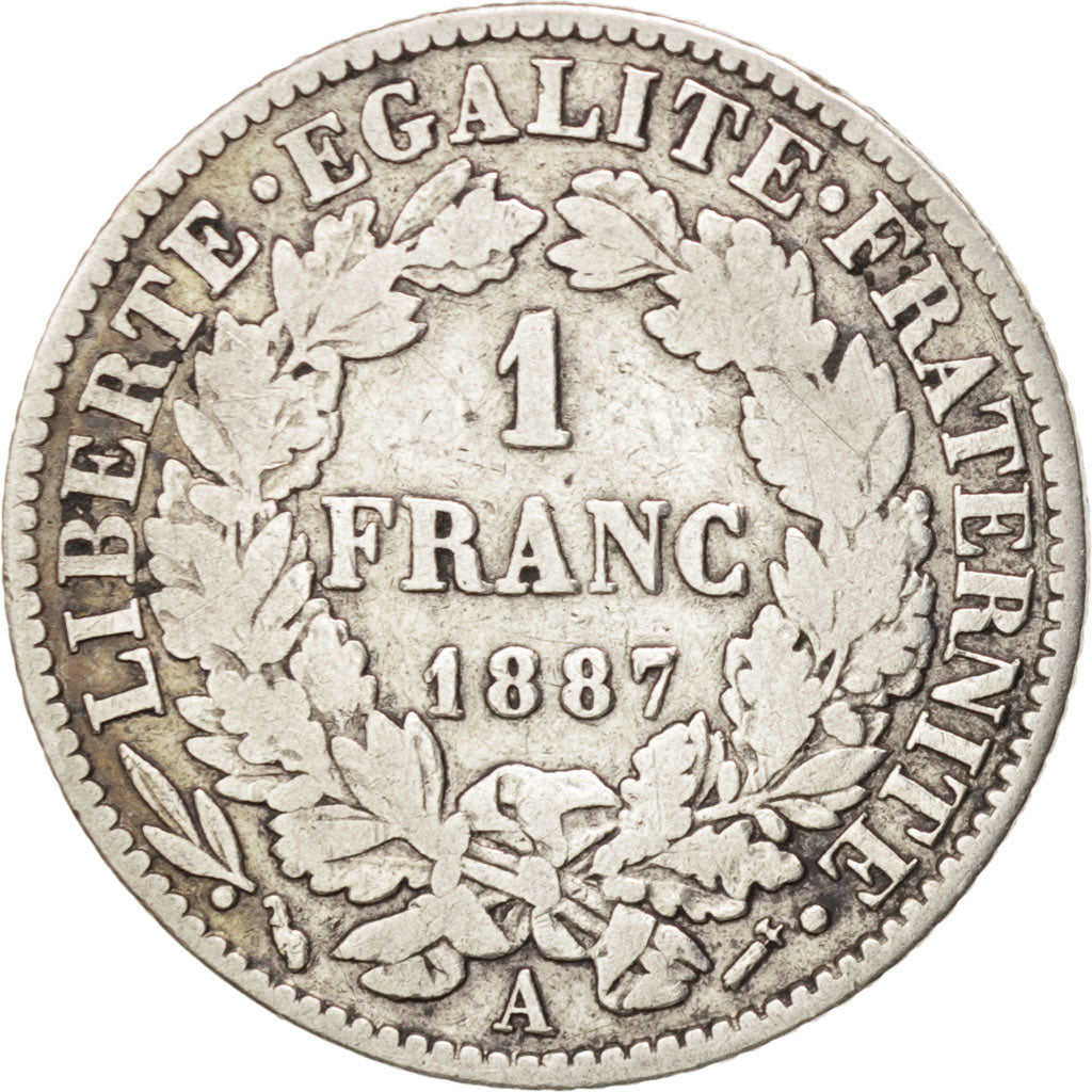 FRANCE, Cérès, Franc, 1887, Paris, KM #822.1, VF(20-25), Silver, 23, Gadoury #..