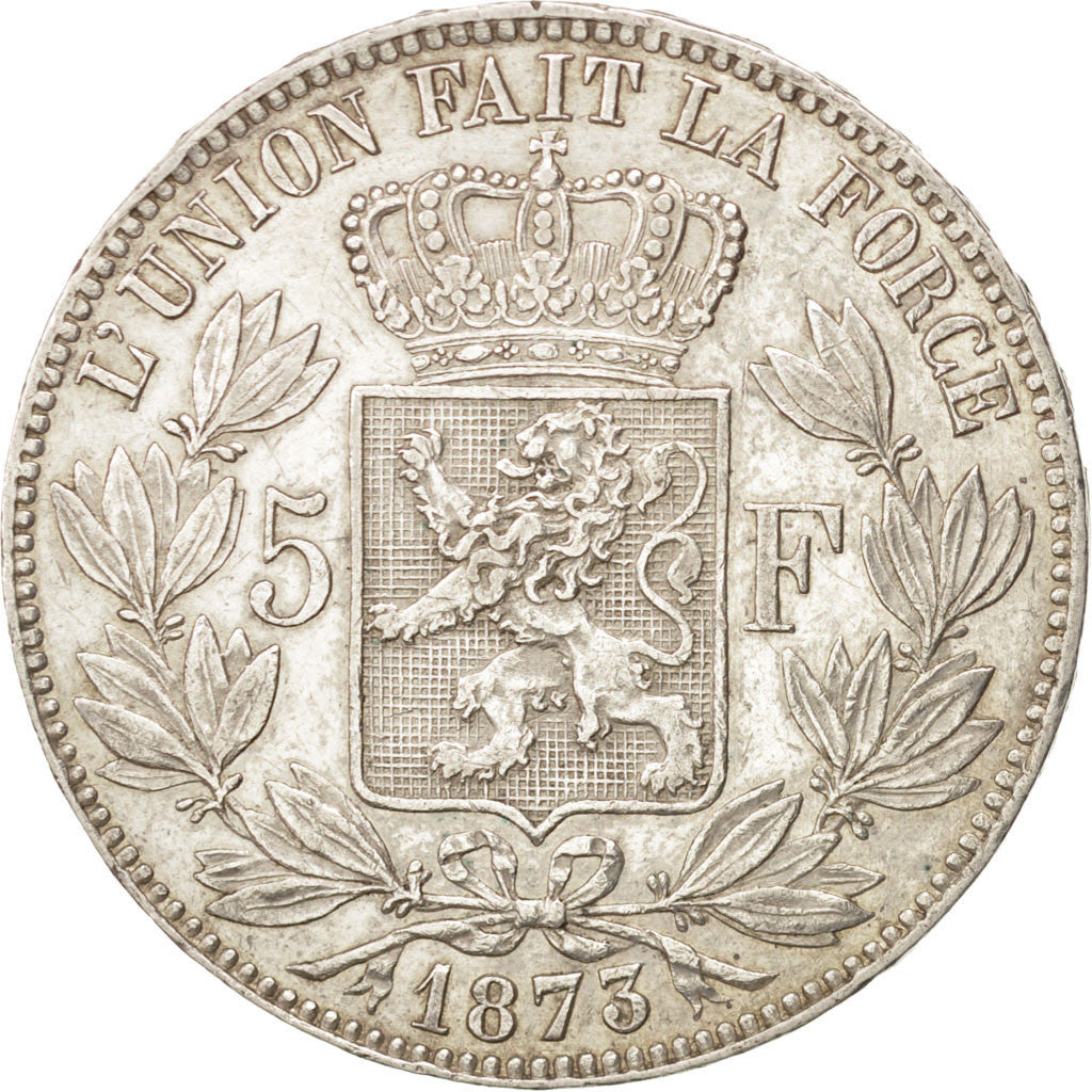 BELGIUM, 5 Francs, 5 Frank, 1873, KM #24, AU(50-53), Silver, 24.92