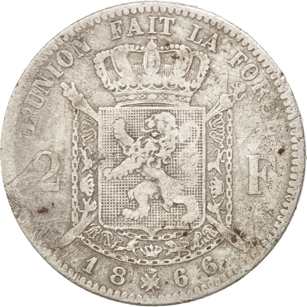 BELGIUM, 2 Francs, 2 Frank, 1866, KM #30.1, VF(20-25), Silver, 9.47