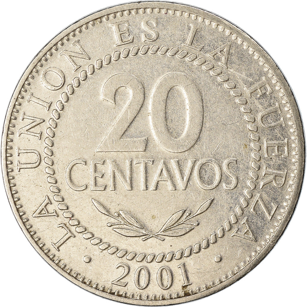 Moneda, Bolivia, 20 Centavos, 2001, MBC, Acero inoxidable, KM:203