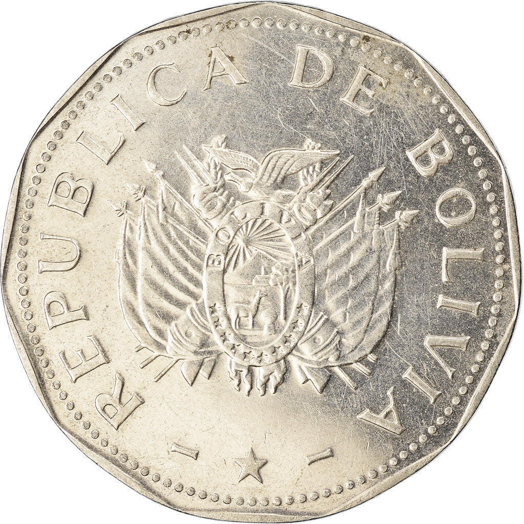 Moneda, Bolivia, 2 Bolivianos, 1997, MBC, Acero inoxidable, KM:206.2