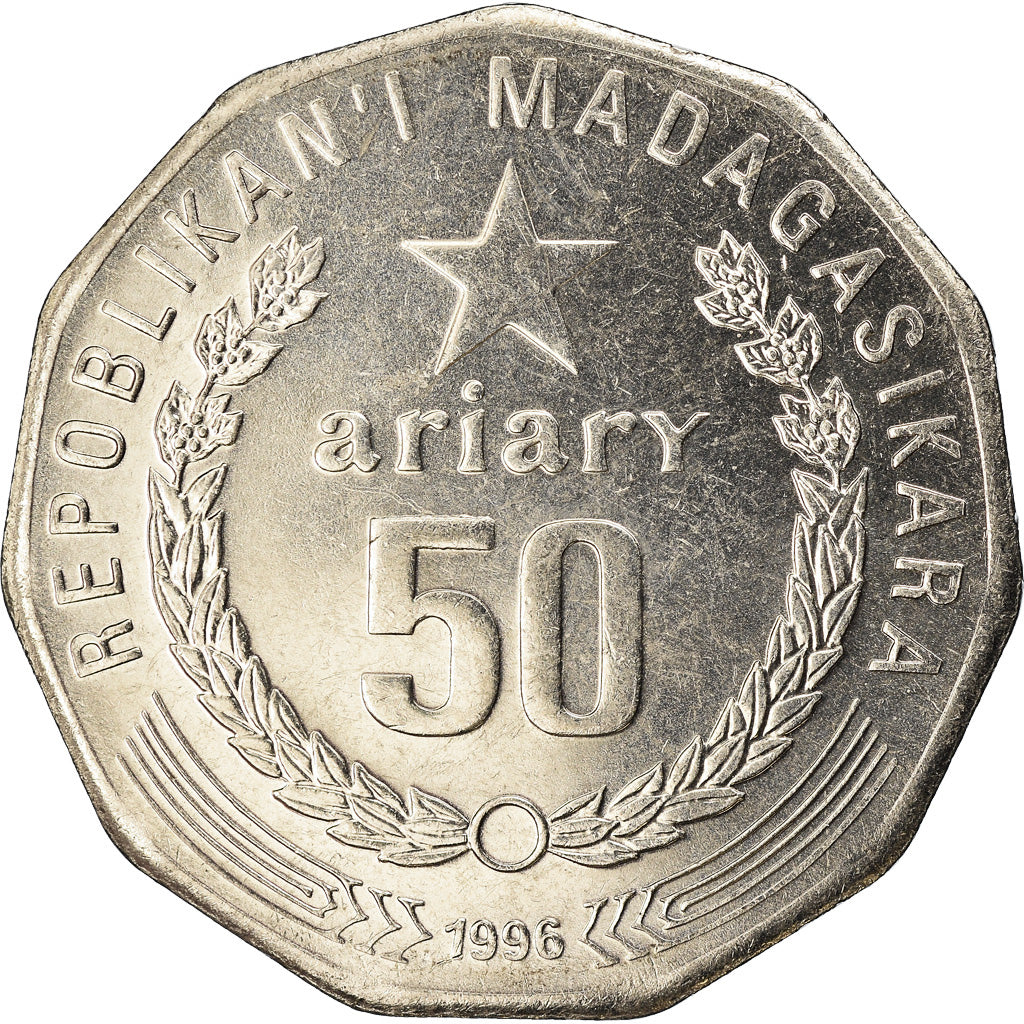 Moeda, Madagáscar, 50 Ariary, 1996, EF(40-45), Aço Inoxidável, KM:25.1
