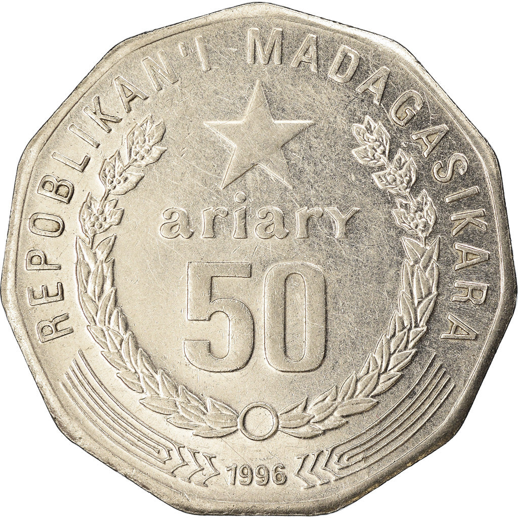 Moeda, Madagáscar, 50 Ariary, 1996, EF(40-45), Aço Inoxidável, KM:25.1