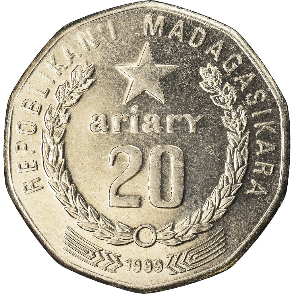 Coin, Madagascar, 20 Ariary, 1999, Royal Canadian Mint, EF(40-45), Nickel Clad