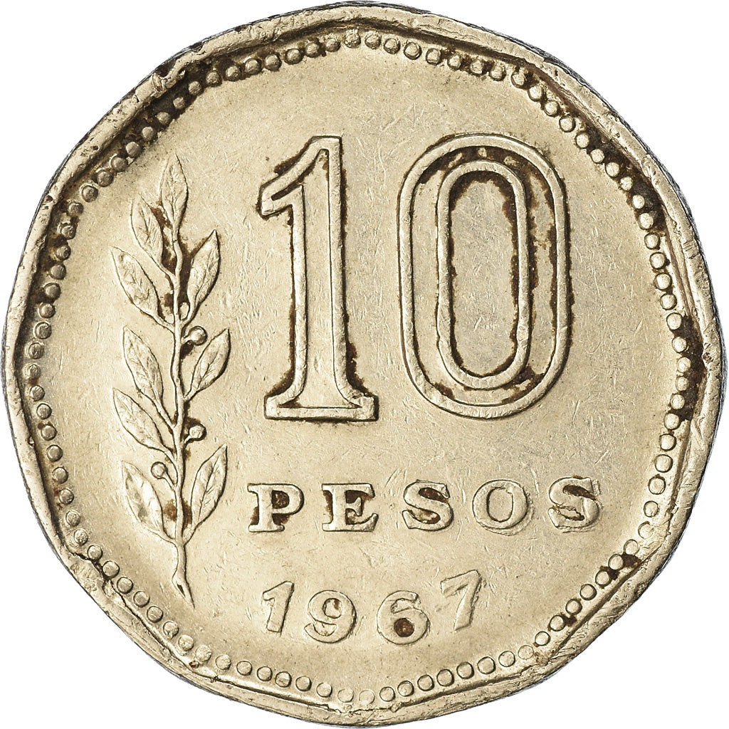 Moneda, Argentina, 10 Pesos, 1967, BC+, Níquel recubierto de acero, KM:60