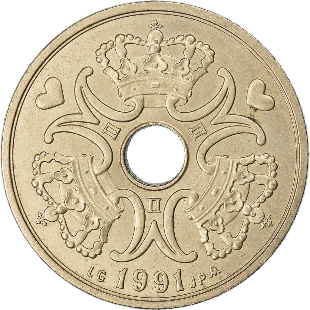 Moneda, Dinamarca, Margrethe II, 5 Kroner, 1991, Copenhagen, MBC, Cobre -
