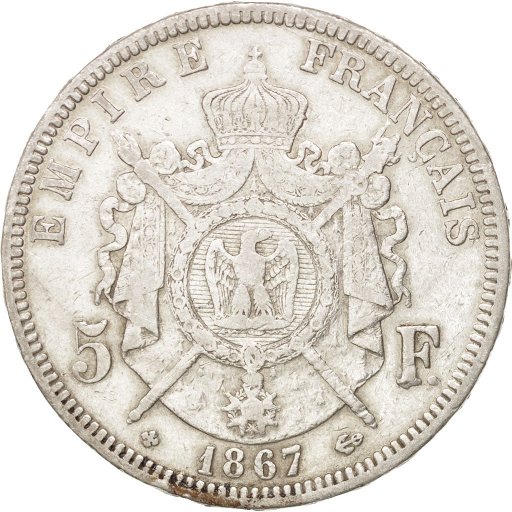 FRANCE, Napoléon III, 5 Francs, 1867, Strasbourg, KM #799.2, VF(30-35), Silver,