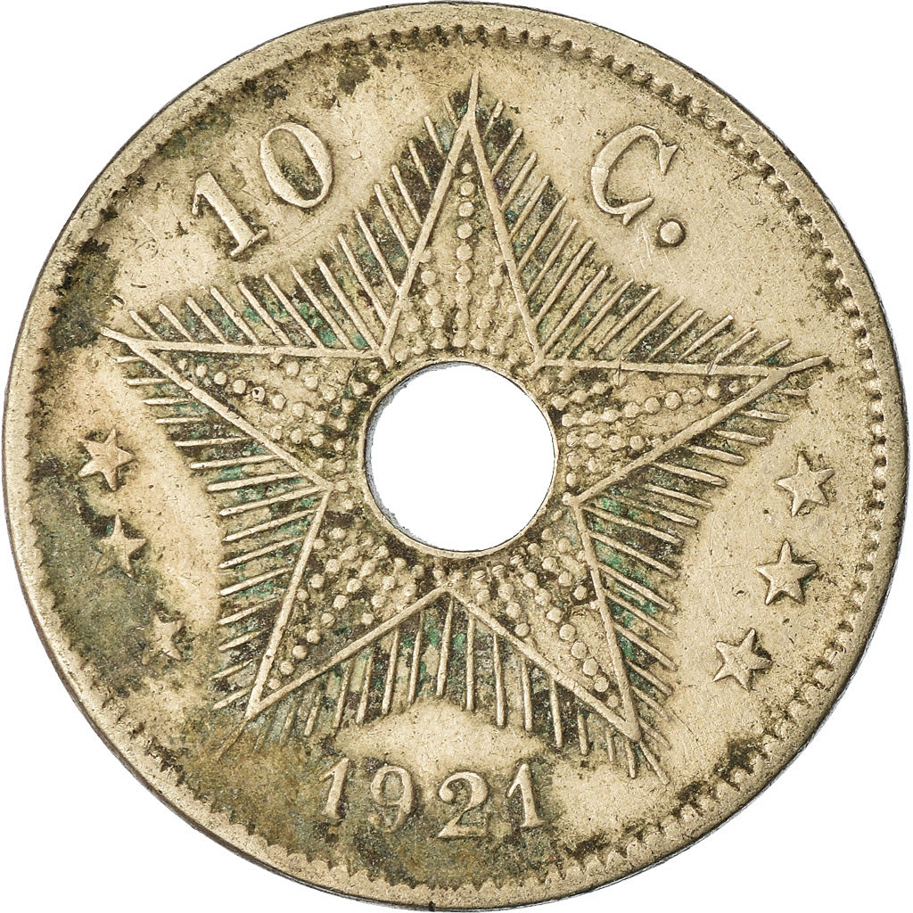 Coin, Belgian Congo, 10 Centimes, 1921, Heaton, EF(40-45), Copper-nickel, KM:18