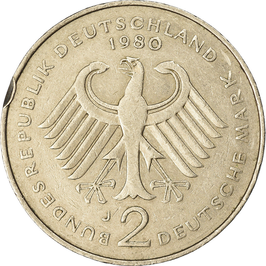 Coin, GERMANY - FEDERAL REPUBLIC, 2 Mark, 1980, Hambourg, EF(40-45)