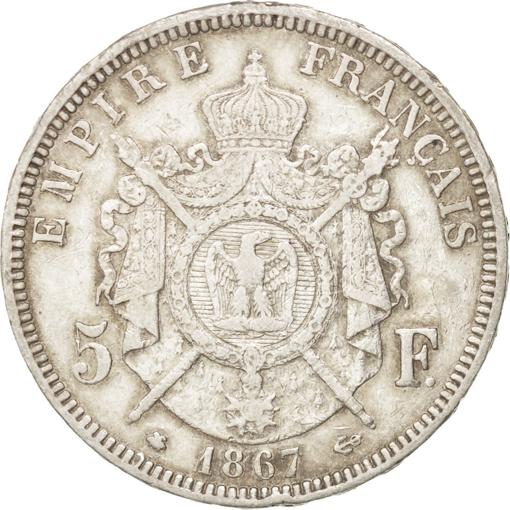 FRANCE, Napoléon III, 5 Francs, 1867, Paris, KM #799.1, VF(30-35), Silver, G...