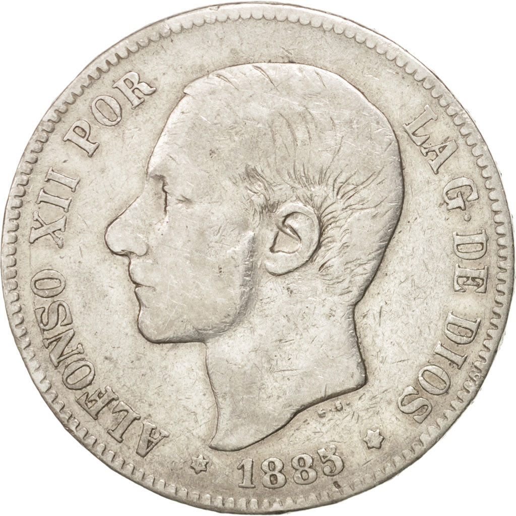 Spain, 5 Pesetas, 1885, Madrid, KM #688, VF(20-25), Silver, 24.64