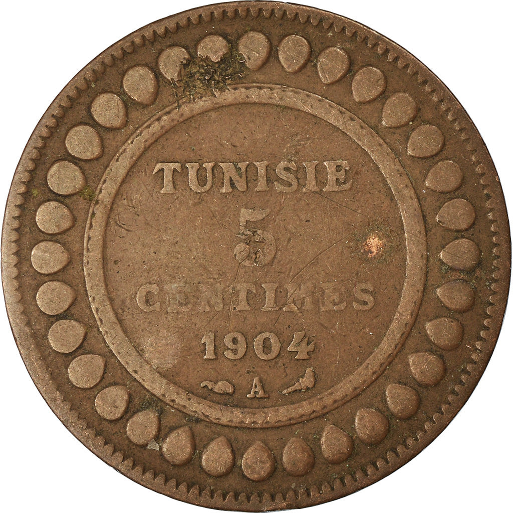 Monnaie, Tunisie, Muhammad al-Hadi Bey, 5 Centimes, 1904, Paris, TB, Bronze