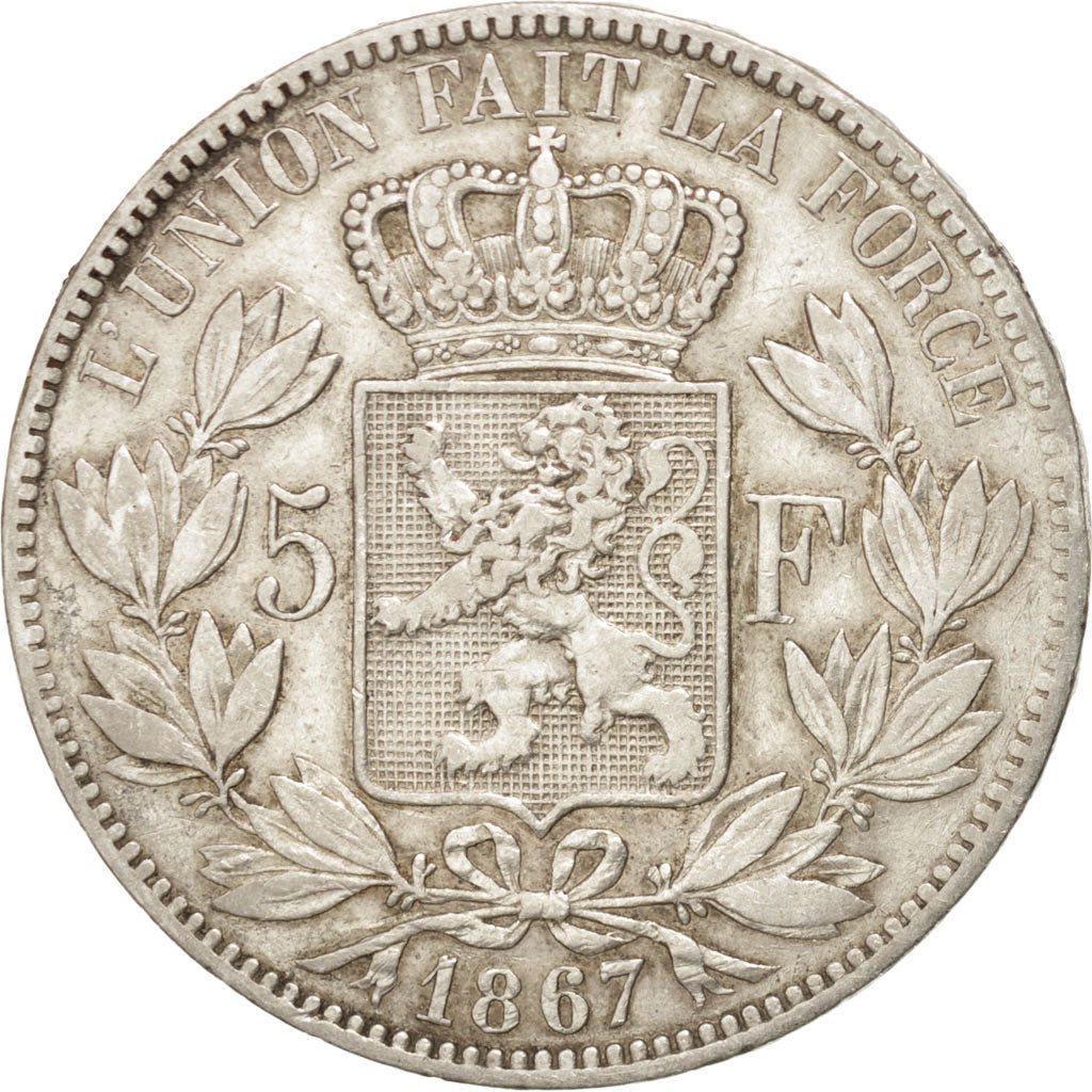 BELGIUM, 5 Francs, 5 Frank, 1867, KM #24, VF(30-35), Silver, 24.78