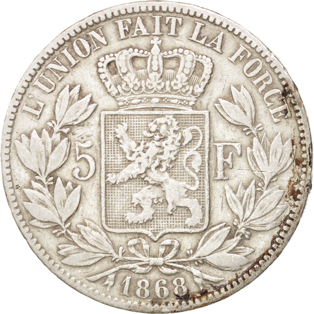 BELGIUM, 5 Francs, 5 Frank, 1868, KM #24, VF(30-35), Silver, 24.70