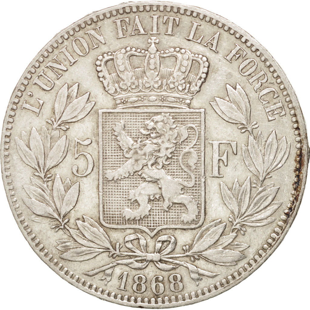BELGIUM, 5 Francs, 5 Frank, 1868, KM #24, VF(30-35), Silver, 24.93