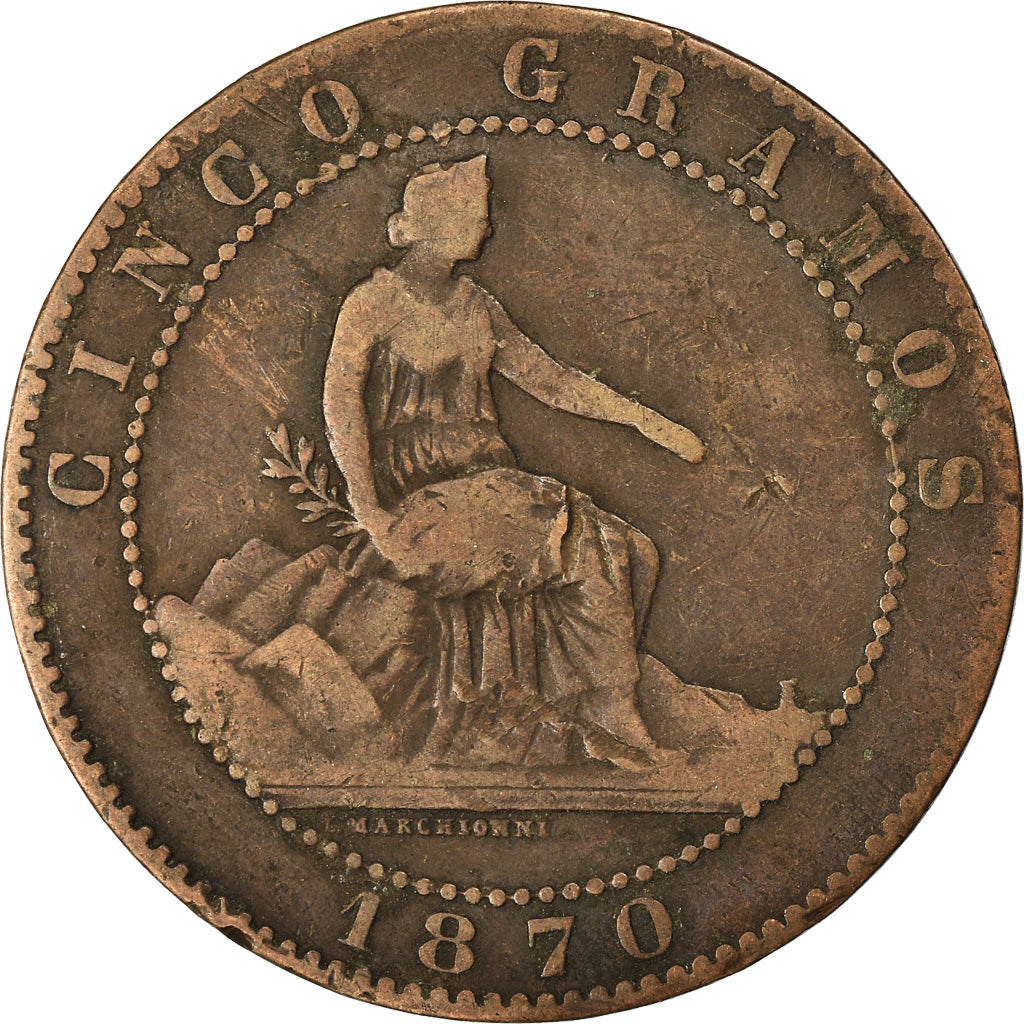 Moneta, Spagna, Provisional Government, 5 Centimos, 1870, MB, Rame, KM:662