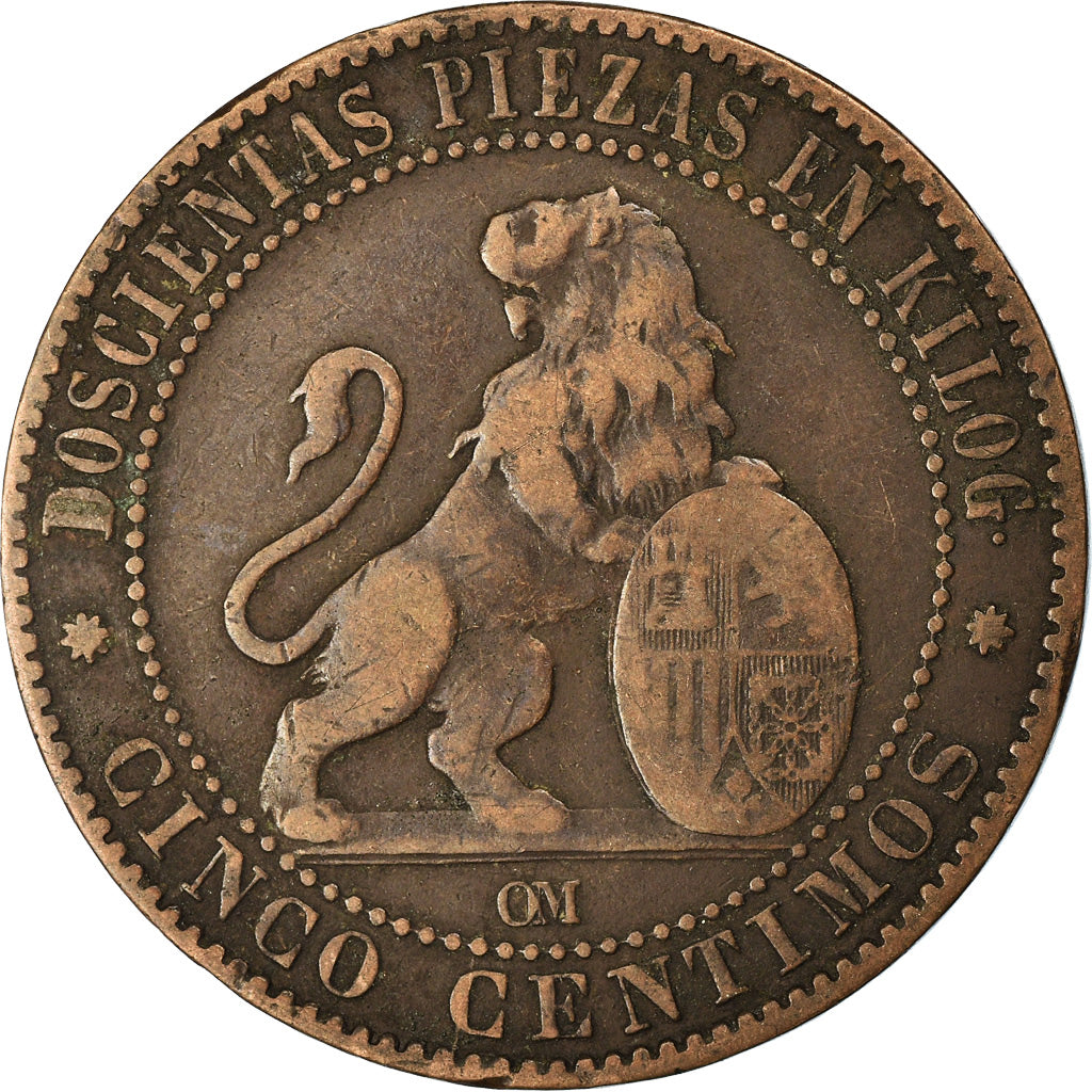 Moneta, Spagna, Provisional Government, 5 Centimos, 1870, MB, Rame, KM:662