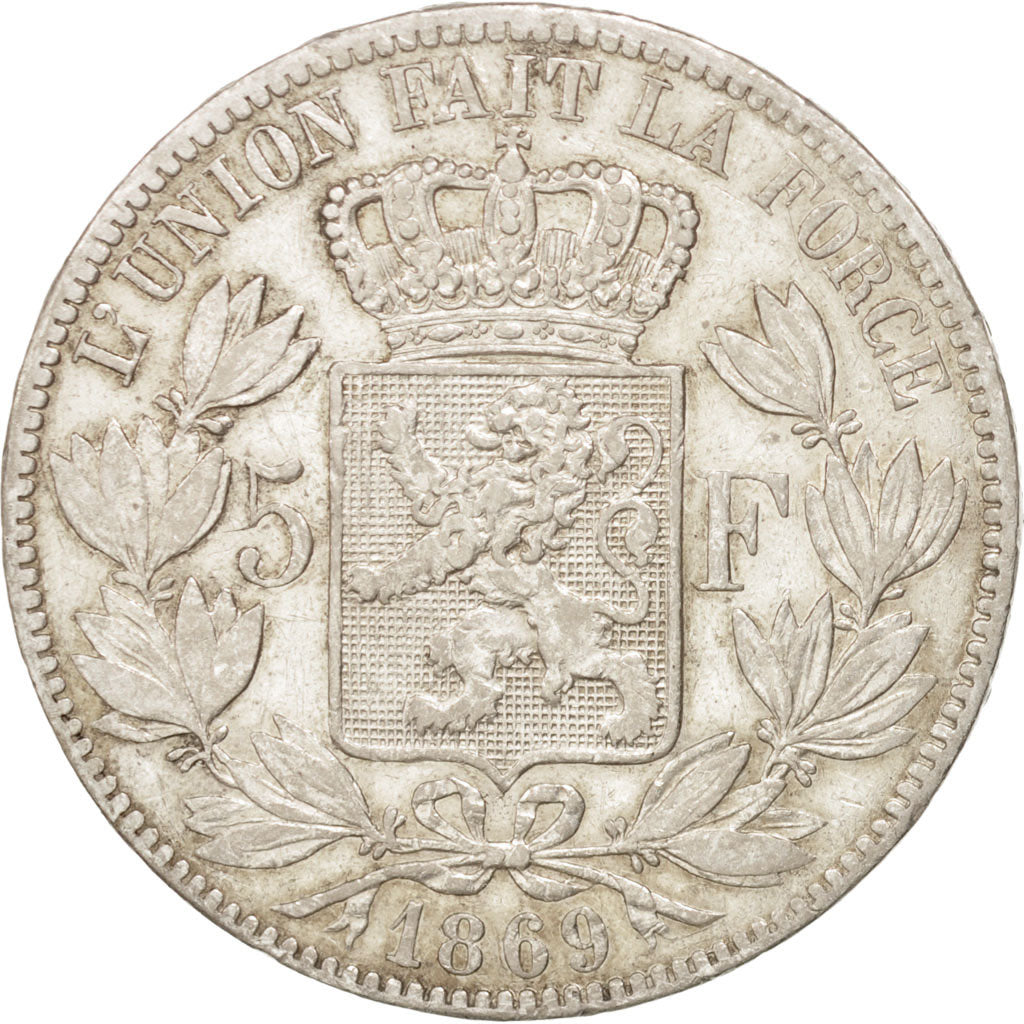 BELGIUM, 5 Francs, 5 Frank, 1869, KM #24, VF(30-35), Silver, 24.91