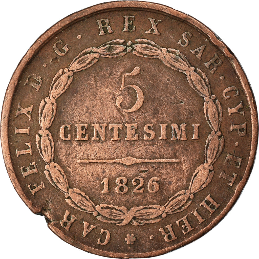 Monnaie, États italiens, SARDINIA, Carlo Felice, 5 Centesimi, 1826, Genoa, TB+