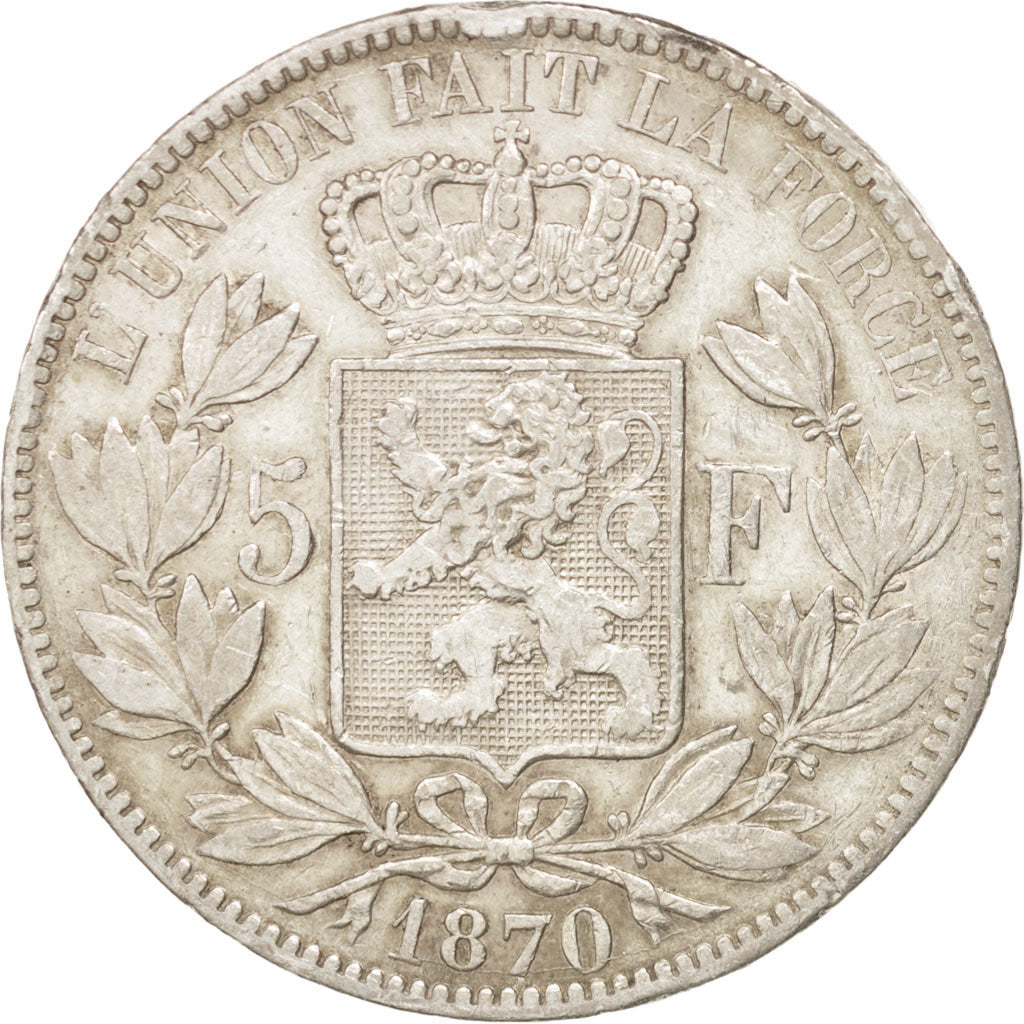 BELGIUM, 5 Francs, 5 Frank, 1870, KM #24, VF(30-35), Silver, 24.79