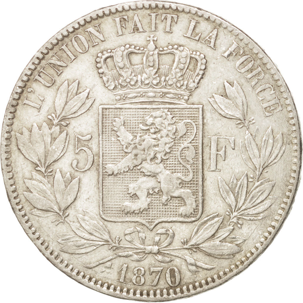 BELGIUM, 5 Francs, 5 Frank, 1870, KM #24, VF(30-35), Silver, 25.03