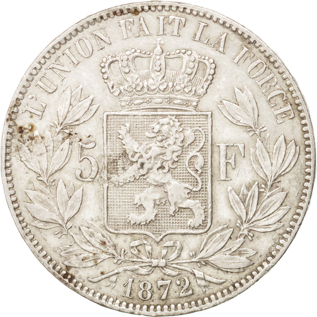 BELGIUM, 5 Francs, 5 Frank, 1872, KM #24, EF(40-45), Silver, 24.97