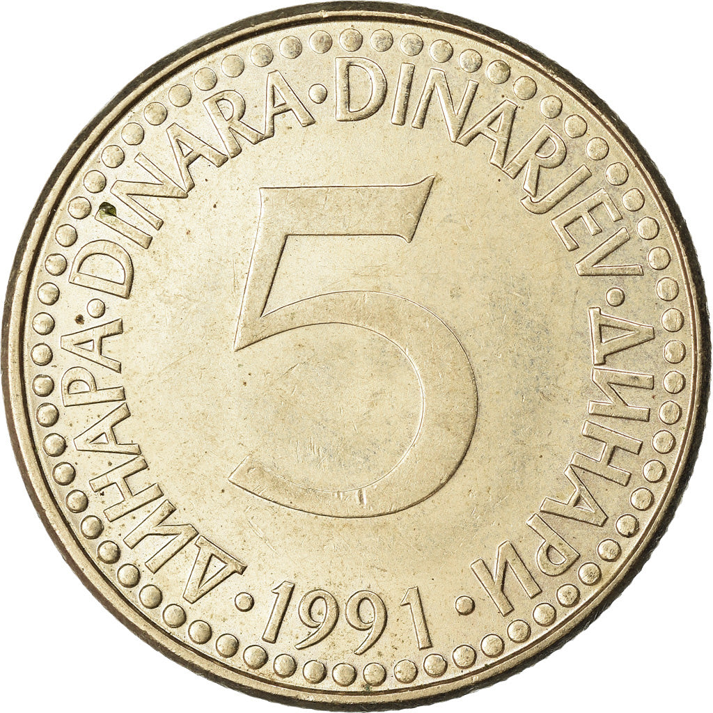 Moneta, Iugoslavia, 5 Dinara, 1991, BB, Rame-nichel-zinco, KM:144