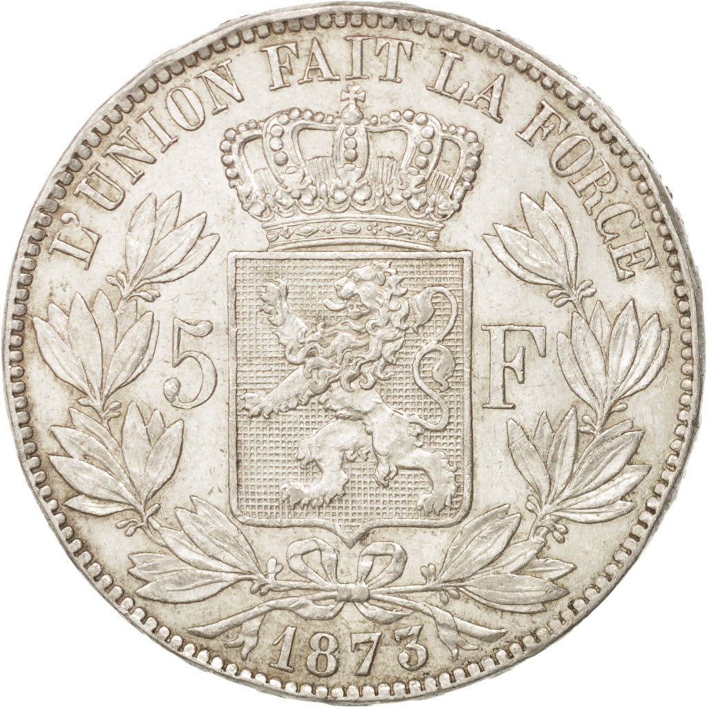 BELGIUM, 5 Francs, 5 Frank, 1873, KM #24, AU(50-53), Silver, 25.00