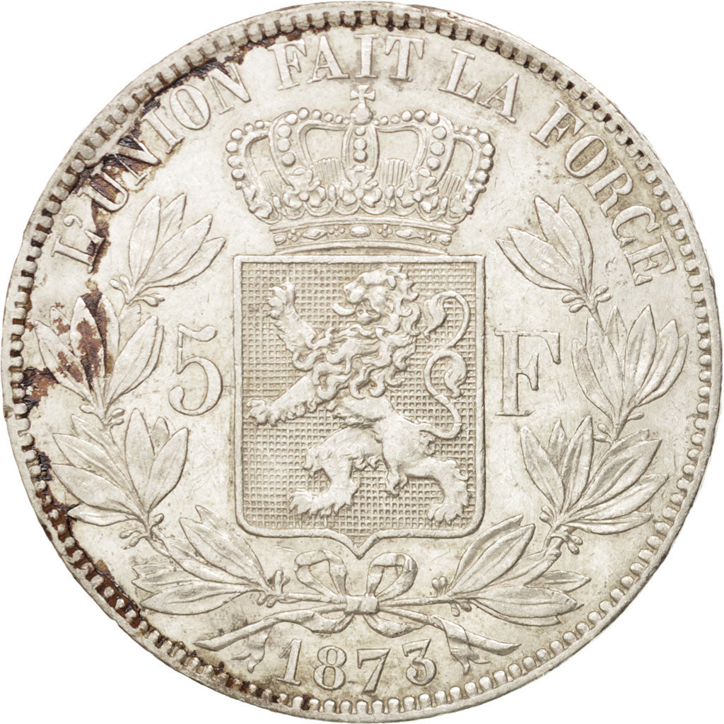 BELGIUM, 5 Francs, 5 Frank, 1873, KM #24, AU(50-53), Silver, 24.85