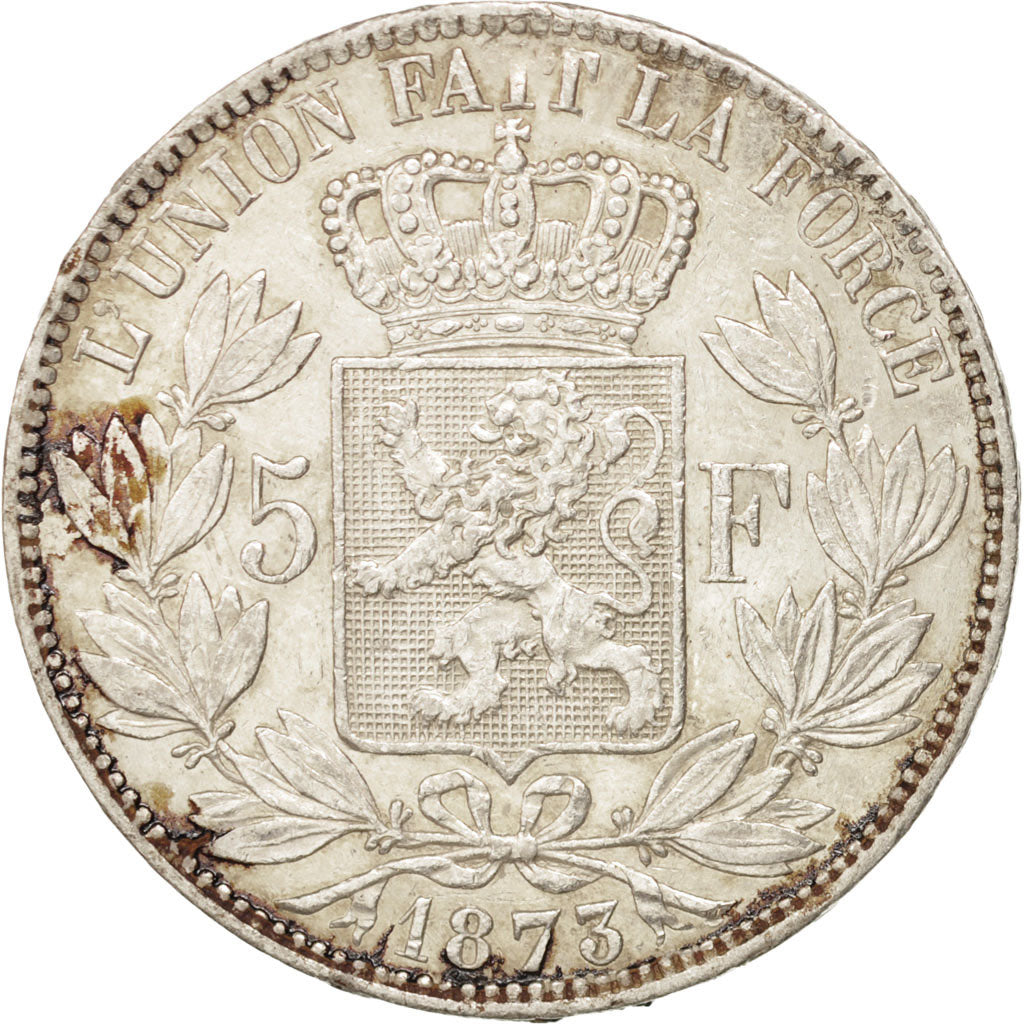 BELGIUM, 5 Francs, 5 Frank, 1873, KM #24, AU(50-53), Silver, 24.91