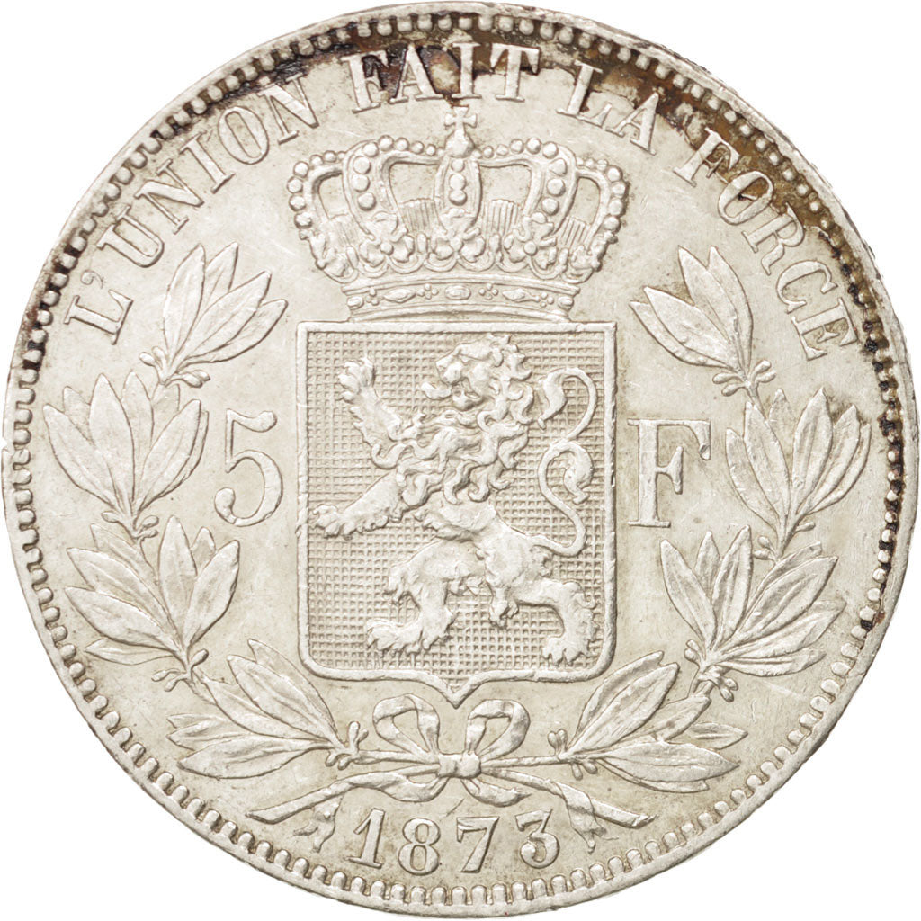 BELGIUM, 5 Francs, 5 Frank, 1873, KM #24, EF(40-45), Silver, 24.92