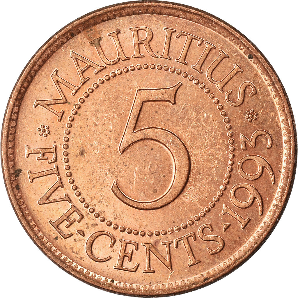 Moeda, Maurícia, 5 Cents, 1993, EF(40-45), Aço Cromado a Cobre, KM:52