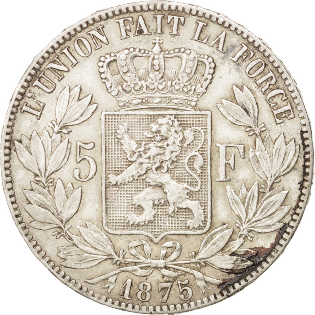BELGIUM, 5 Francs, 5 Frank, 1875, KM #24, VF(30-35), Silver, 24.95