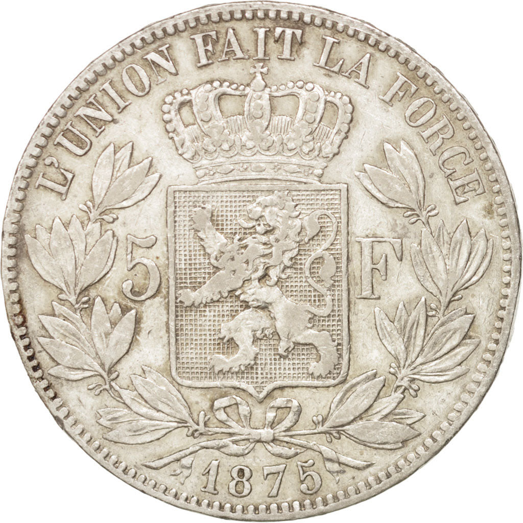 BELGIUM, 5 Francs, 5 Frank, 1875, KM #24, EF(40-45), Silver, 24.86