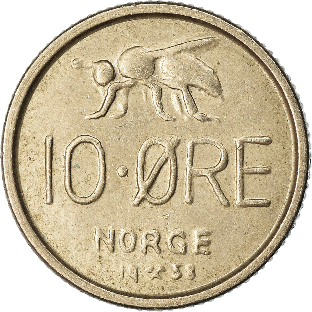 Coin, Norway, Olav V, 10 Öre, 1958, EF(40-45), Copper-nickel, KM:406