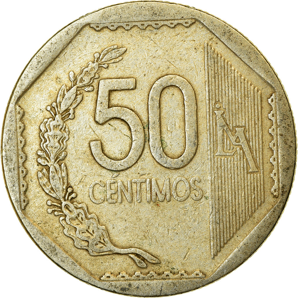 Coin, Peru, 50 Centimos, 2001, Lima, VF(30-35), Copper-Nickel-Zinc, KM:307.4