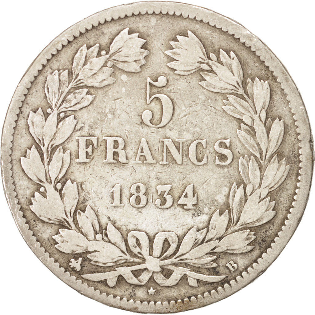 Coin, France, Louis-Philippe, 5 Francs, 1834, Rouen, VF(20-25), Silver