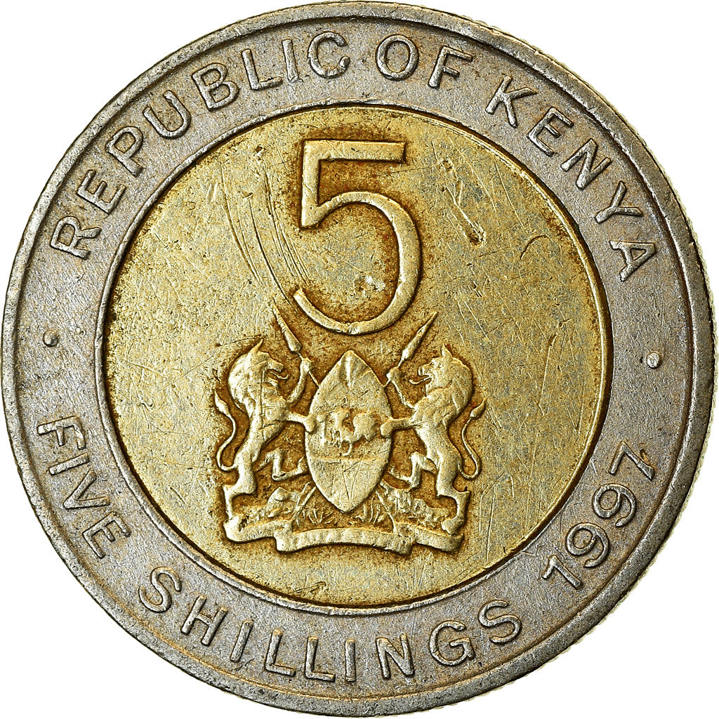 Moneda, Kenia, 5 Shillings, 1997, British Royal Mint, BC+, Bimetálico, KM:30
