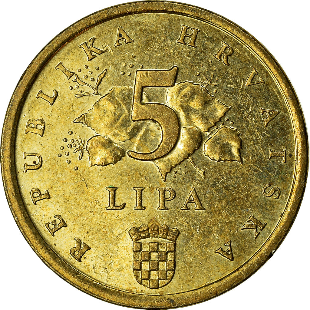 Munten, Kroatië, 5 Lipa, 1997, ZF, Brass plated steel, KM:5