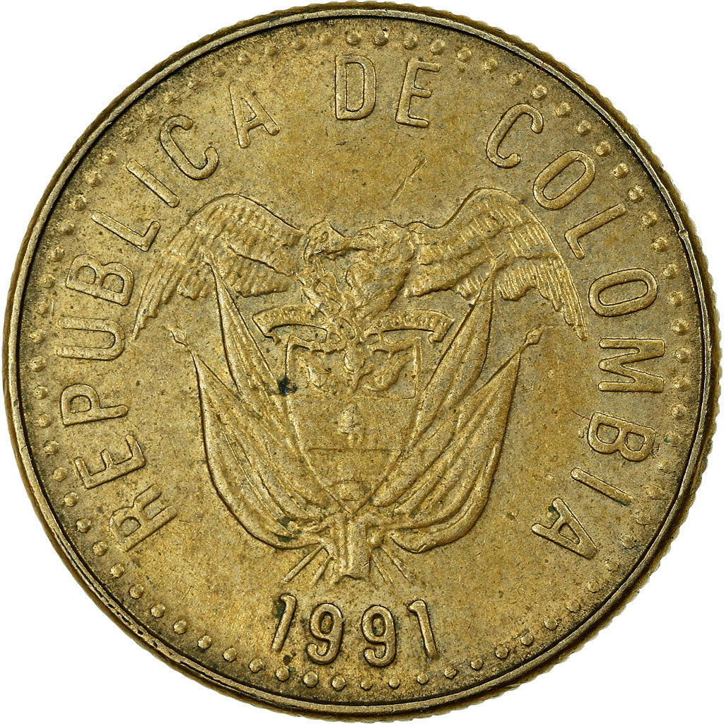 Moneda, Colombia, 20 Pesos, 1991, MBC, Aluminio - bronce, KM:282.1