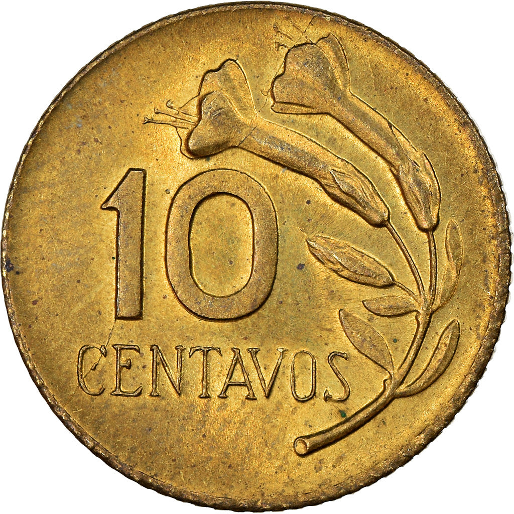 Coin, Peru, 10 Centavos, 1967, EF(40-45), Brass, KM:245.1
